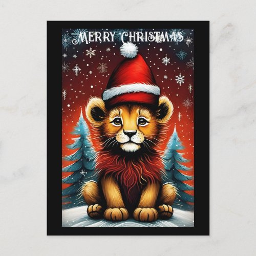 Aesthetic Cute Santa Baby Lion Snowy Christmas Postcard