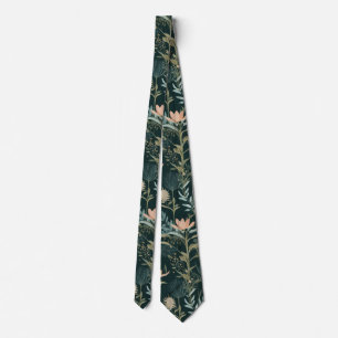 Aesthetic Dark Sage & Peach Floral Illustrative Pa Neck Tie