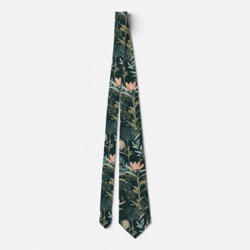Aesthetic Dark Sage & Peach Floral Illustrative Pa Neck Tie