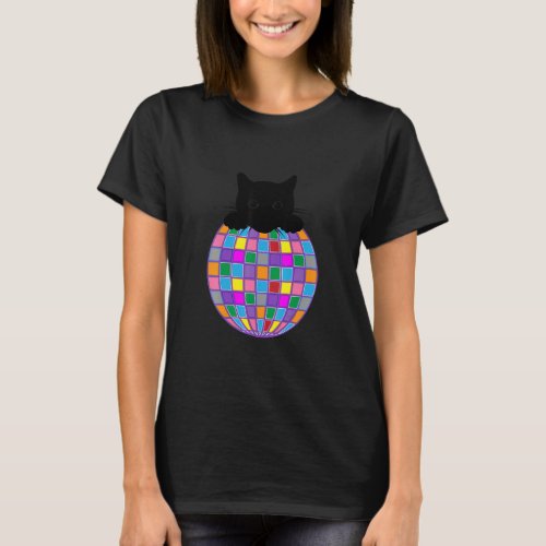Aesthetic Disco Ball Psychedelic Black Cat Disco C T_Shirt