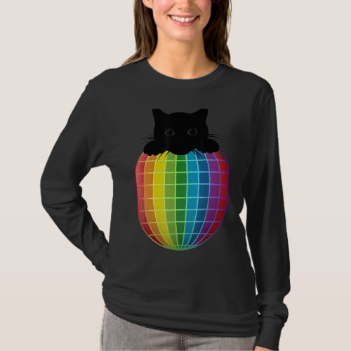 Aesthetic Disco Ball Rainbow Black Cat Disco Cat T_Shirt