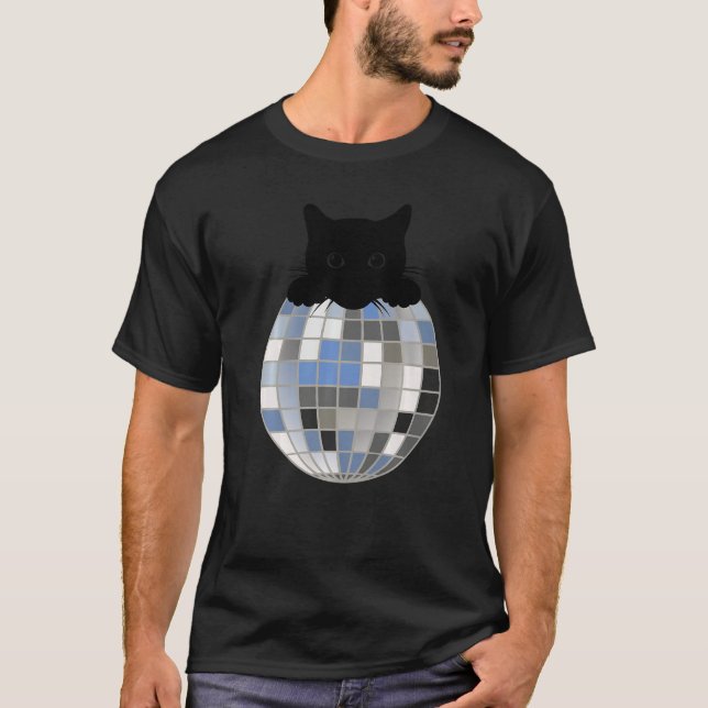 Aesthetic Disco Ball Winter Snow Black Cat Disco C T-Shirt (Front)