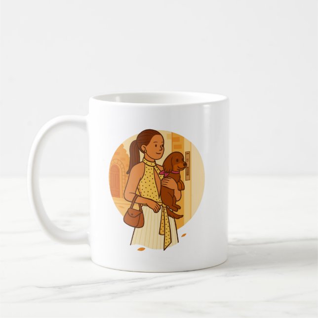Aesthetic Dog Mom Holding Puppy Illustration Coffee Mug (Left)