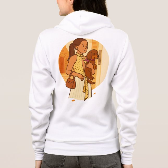 Aesthetic Dog Mom Holding Puppy Illustration Hoodie (Back)