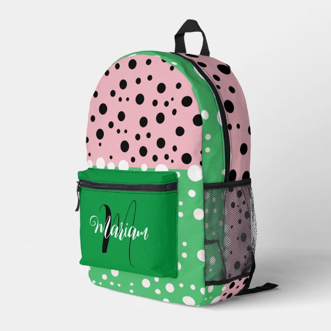 Aesthetic Emerald Green Pink Color - Initial Name Printed Backpack (Back Corner Right)