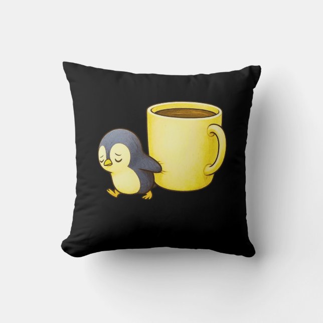Aesthetic Exhausted Penguin • Oversized Coffee Cup Throw Pillow (Front)