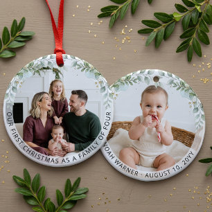 Aesthetic Family of Four First Christmas Photo Ceramic Ornament