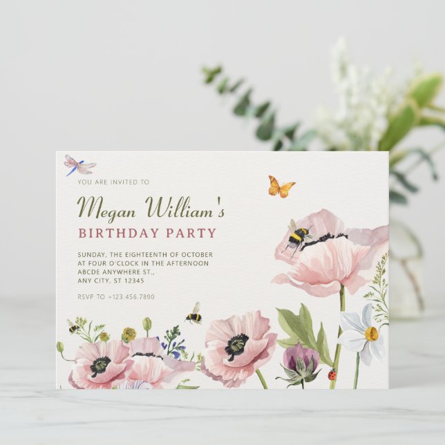 Aesthetic floral bloom bees birthday invitation (Standing Front)