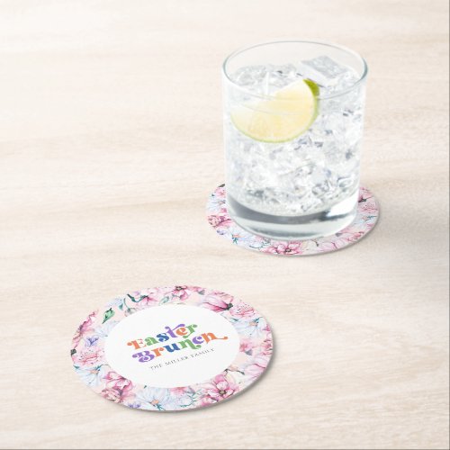 Aesthetic Flowers Easter Brunch Retro Typography Round Paper Coaster