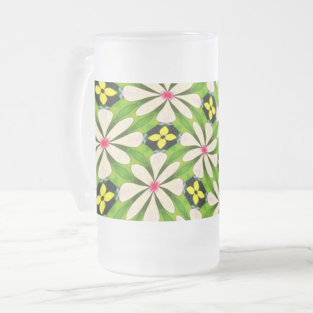 Aesthetic Flowers Pattern Frosted Glass Beer Mug (Front Left)