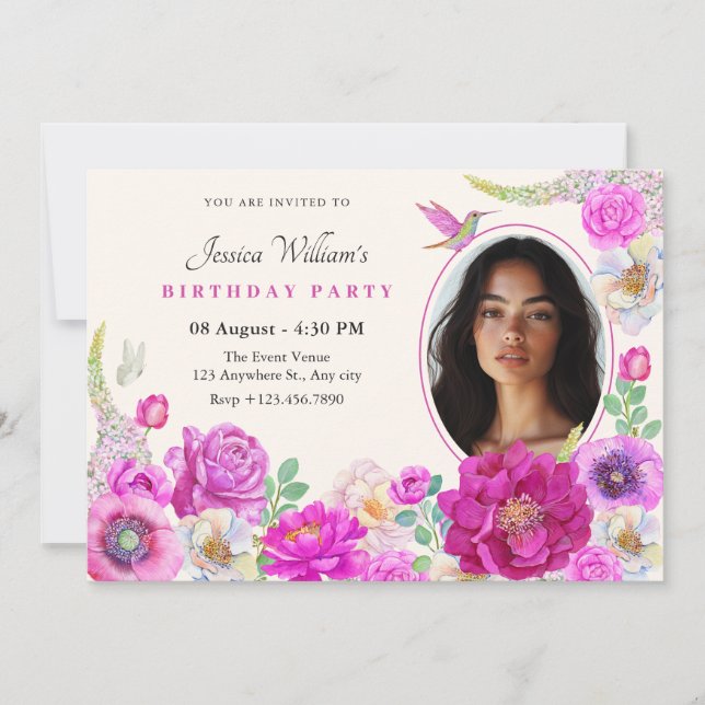 Aesthetic Flowers photo birthday Invitation (Front)