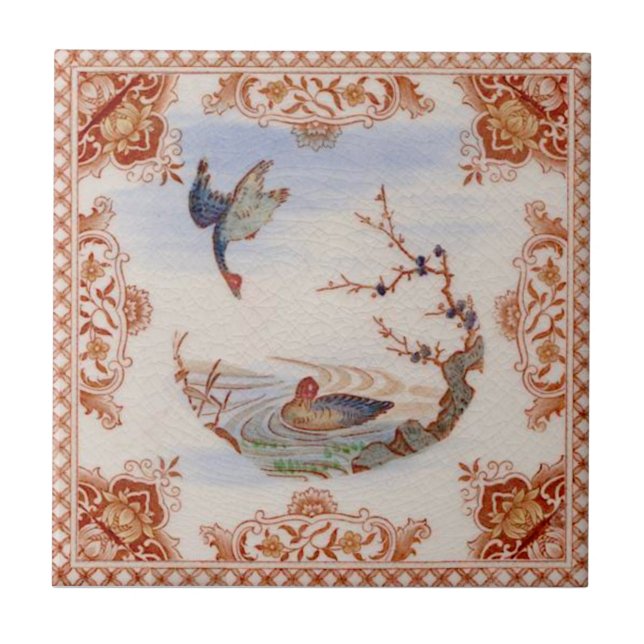 Aesthetic French Transferware with Ducks Repro Ceramic Tile (Front)