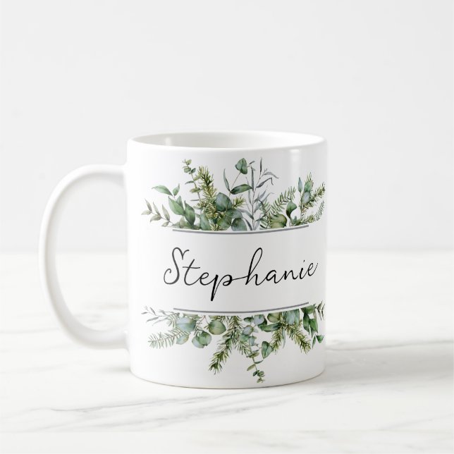 Aesthetic Fresh Greenery Personalize Name Coffee Mug (Left)
