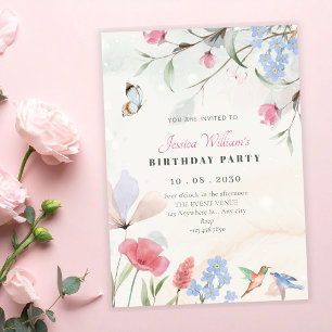 Aesthetic garden floral, bird, butterfly birthday invitation