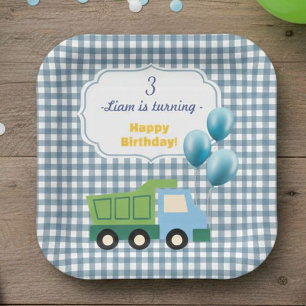 Aesthetic Gingham Blue Construction 3rd Birthday Paper Plates