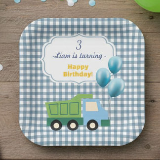 Aesthetic Gingham Blue Construction 3rd Birthday  Paper Plates