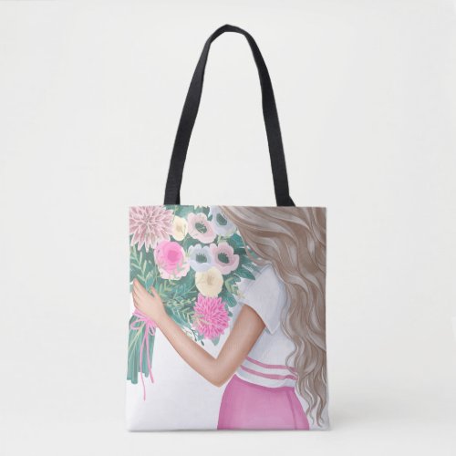 Aesthetic Girl Holding Flower Bouquet Illustration Tote Bag