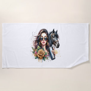 Aesthetic Girl Horse Glitter Roses Beach Towel