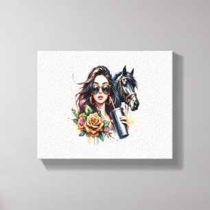 Aesthetic Girl Horse Glitter Roses Canvas Print