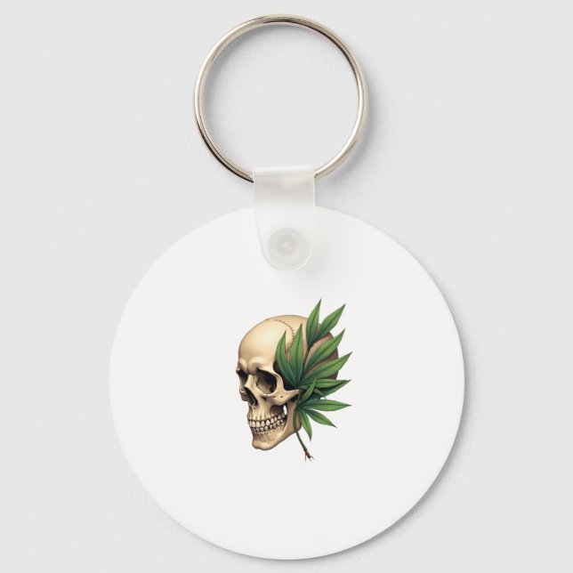 Aesthetic Goth Grunge Skull Tropical Monstera Leaf Keychain (Front)