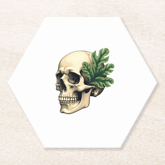 Aesthetic Goth Grunge Skull Tropical Monstera Leaf Paper Coaster (Front)