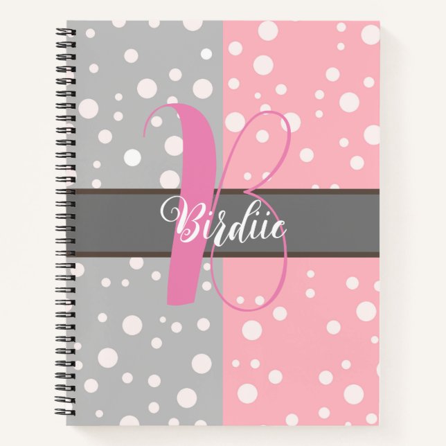 Aesthetic Gray & Pink Color - Name Monogrammed Notebook (Front)