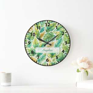 Aesthetic Green Tropical Leaves Custom Name  Large Clock