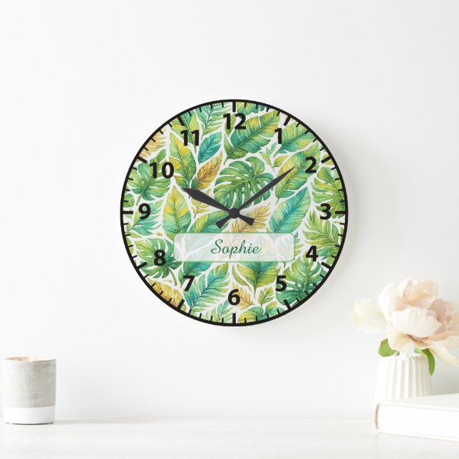 Aesthetic Green Tropical Leaves Custom Name  Large Clock (Home)