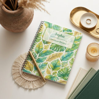 Aesthetic Green Tropical Leaves Custom Name Notebook