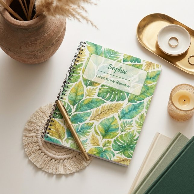 Aesthetic Green Tropical Leaves Custom Name Notebook (Creator Uploaded)