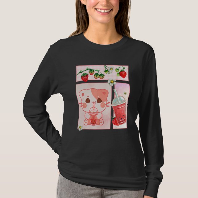 Aesthetic Harajuku Cute Cat Drink Strawberry Boba  T-Shirt (Front)