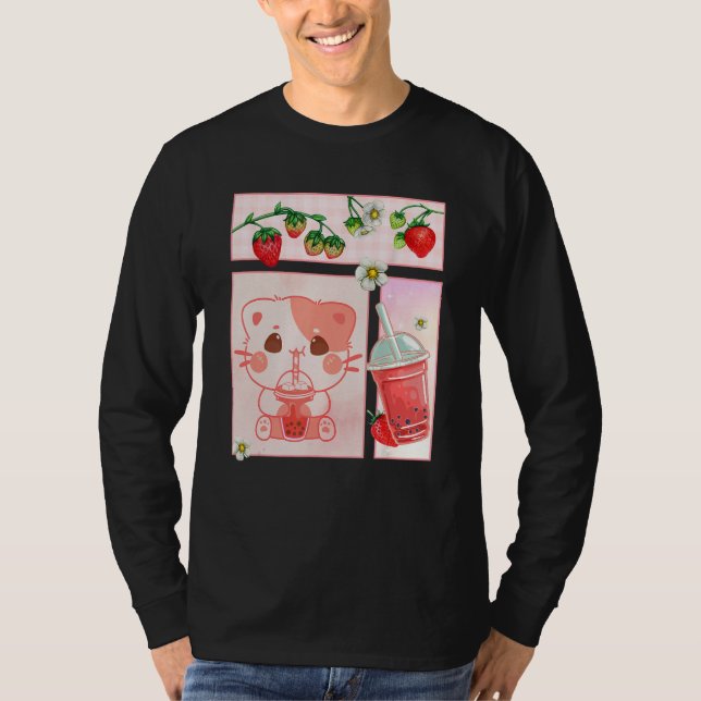 Aesthetic Harajuku Cute Cat Drink Strawberry Boba  T-Shirt (Front)