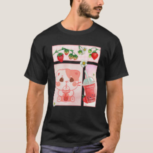 Aesthetic Harajuku Cute Cat Drink Strawberry Boba  T-Shirt