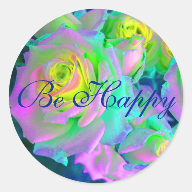  Aesthetic Iridescent Pearly Roses Be Happy Classic Round Sticker (Front)