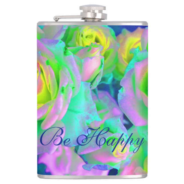  Aesthetic Iridescent Pearly Roses Be Happy Flask (Front)