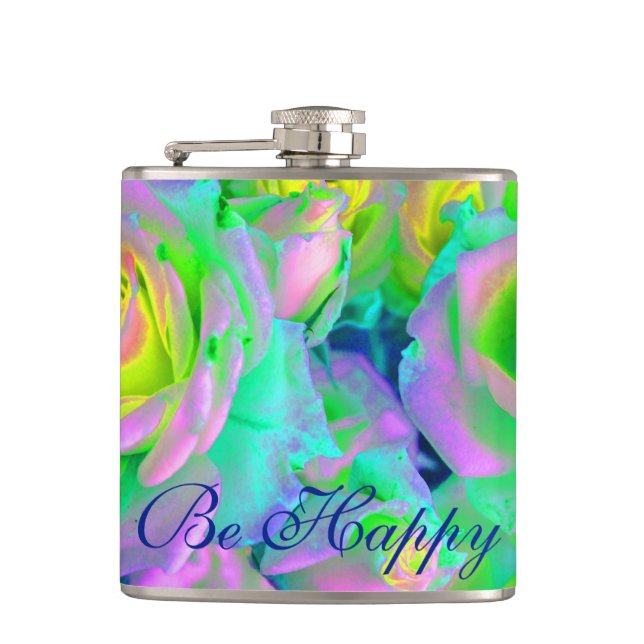  Aesthetic Iridescent Pearly Roses Be Happy Flask (Front)