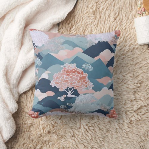 Aesthetic Japanese Waves Motif Pastel Colors Throw Pillow