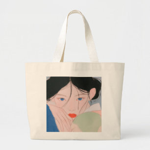 Aesthetic Korean Girl Illustration Tote Bag, Blue 
