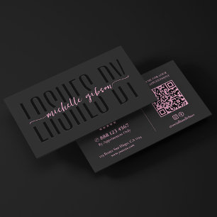 Aesthetic Lash Technician Black Pink Monogram QR Business Card