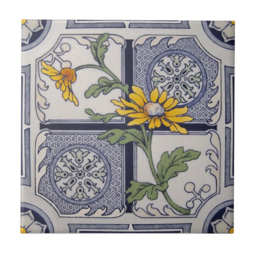 Aesthetic Late Victorian Blue Yellow Floral Repro  Ceramic Tile
