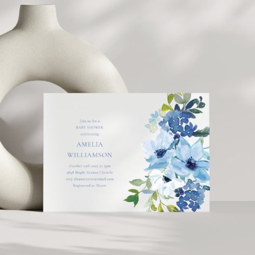 Aesthetic Light Blue Watercolor Floral Baby Shower Invitation