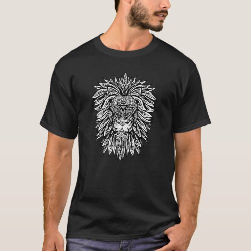 Aesthetic Lion White With Black Mandala Animal T_Shirt