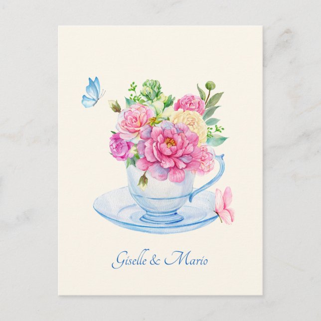 Aesthetic minimalist Flowers tea cup wedding Postcard (Front)