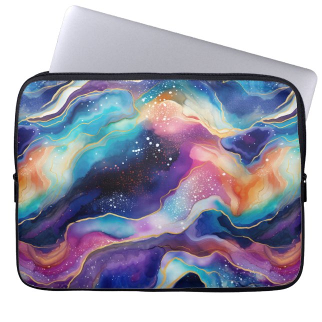 Aesthetic modern colorful rainbow agate glitter laptop sleeve (Front)