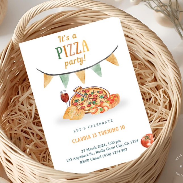 Aesthetic Modern Pizza Party Invitation Card (Watercolor Pizza Party Invitation)