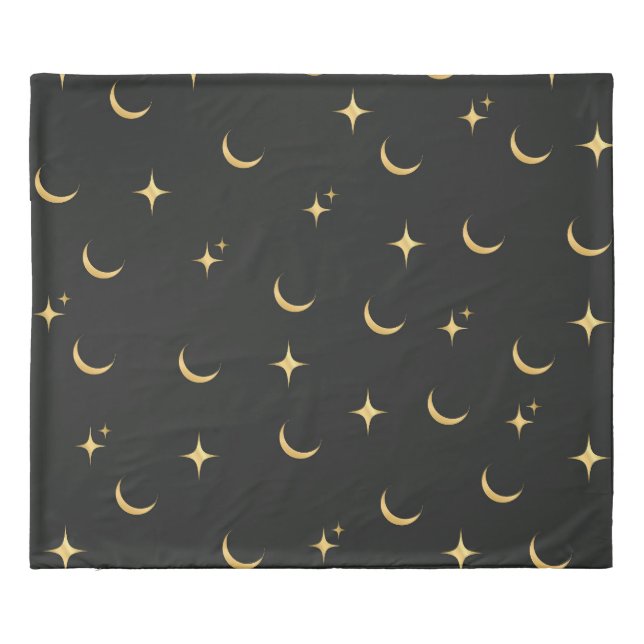 Aesthetic Moon and Star Black Minimal Duvet Cover (Back)