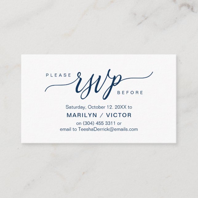 Aesthetic Navy Blue Script, Party RSVP respond Enclosure Card (Front)