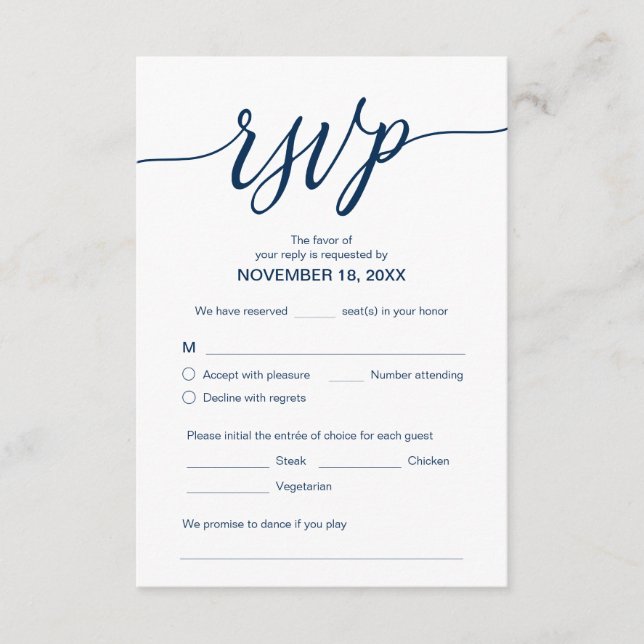 Aesthetic Navy Blue, Wedding Dinner RSVP, Respond Enclosure Card (Front)