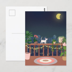 Aesthetic night sky city view with plants and cat  postcard