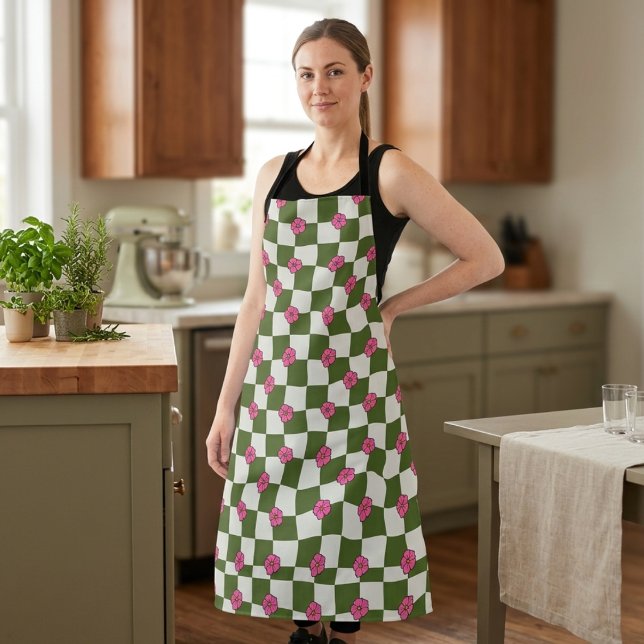 Aesthetic Olive & Pink Floral Checkerboard Apron (Creator Uploaded)
